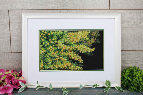 Cross Stitch Embroidery Kit with Spring Mimosa Design, MP Studia, 18 × 27 cm, Yellow Flowers and Green Leaves