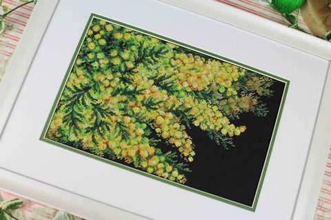 Cross Stitch Embroidery Kit with Spring Mimosa Design, MP Studia, 18 × 27 cm, Yellow Flowers and Green Leaves