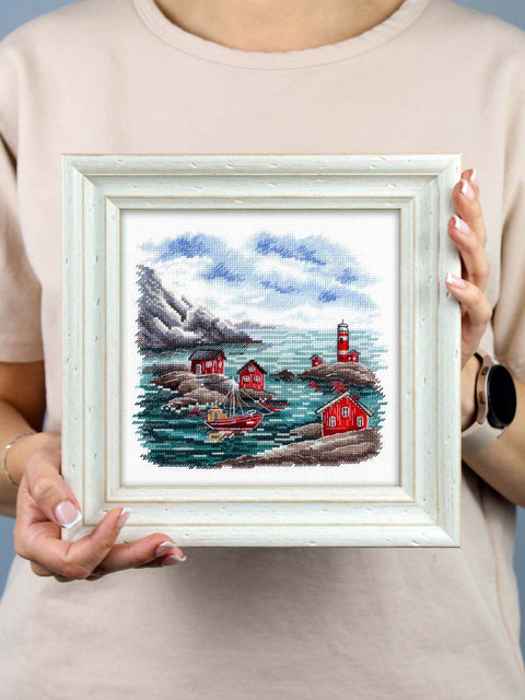 Scandinavian Coast Cross Stitch Kit, 16x16 cm Finished Design, 16 Count Cotton Fabric, Gamma Threads, MP Studia
