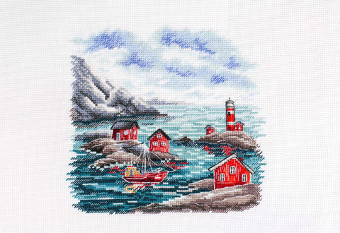 Scandinavian Coast Cross Stitch Kit, 16x16 cm Finished Design, 16 Count Cotton Fabric, Gamma Threads, MP Studia