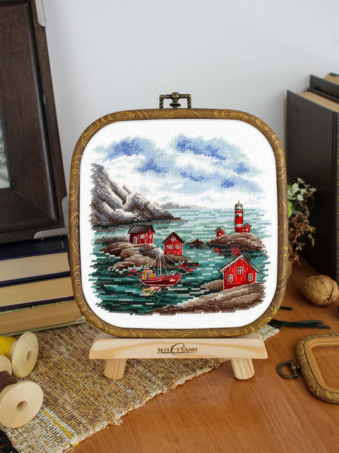 Scandinavian Coast Cross Stitch Kit, 16x16 cm Finished Design, 16 Count Cotton Fabric, Gamma Threads, MP Studia
