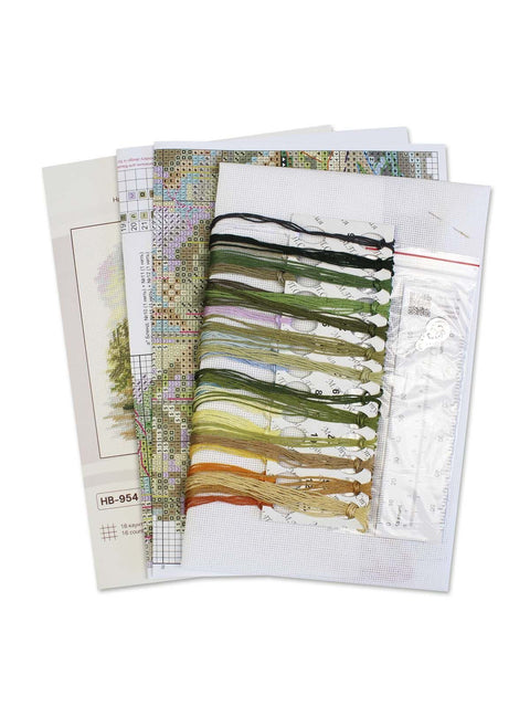 Pine Forest Cross Stitch Kit, 15x16 cm, 16 Count Cotton Canvas, Gamma Threads, MP Studia, 26 Colors, Beginner Friendly