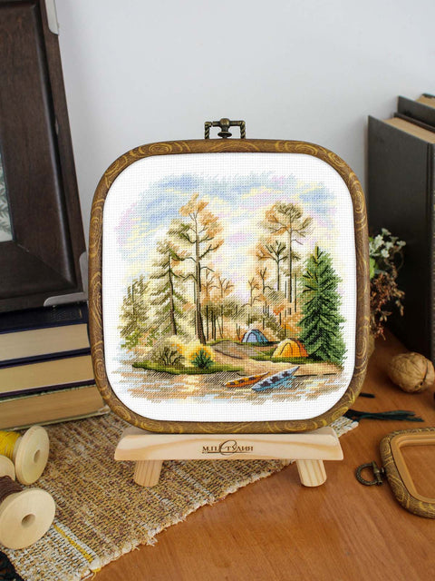 Pine Forest Cross Stitch Kit, 15x16 cm, 16 Count Cotton Canvas, Gamma Threads, MP Studia, 26 Colors, Beginner Friendly