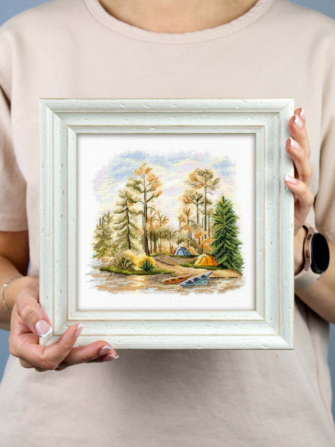 Pine Forest Cross Stitch Kit, 15x16 cm, 16 Count Cotton Canvas, Gamma Threads, MP Studia, 26 Colors, Beginner Friendly