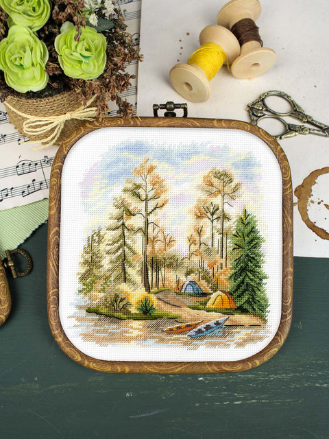 Pine Forest Cross Stitch Kit, 15x16 cm, 16 Count Cotton Canvas, Gamma Threads, MP Studia, 26 Colors, Beginner Friendly
