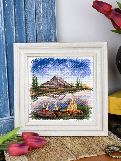 Cross Stitch Kit Under the Starry Sky Landscape, 16x16 cm, 16 Count Cotton Canvas, 26-Color Gamma Threads, MP Studia