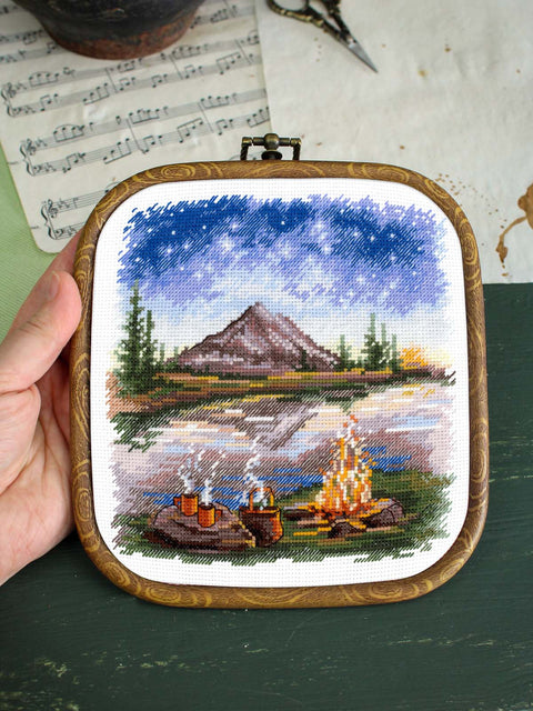 Cross Stitch Kit Under the Starry Sky Landscape, 16x16 cm, 16 Count Cotton Canvas, 26-Color Gamma Threads, MP Studia