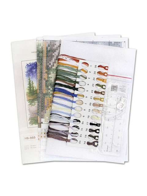 Cross Stitch Kit Under the Starry Sky Landscape, 16x16 cm, 16 Count Cotton Canvas, 26-Color Gamma Threads, MP Studia