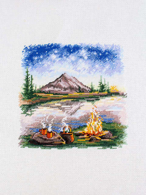 Cross Stitch Kit Under the Starry Sky Landscape, 16x16 cm, 16 Count Cotton Canvas, 26-Color Gamma Threads, MP Studia