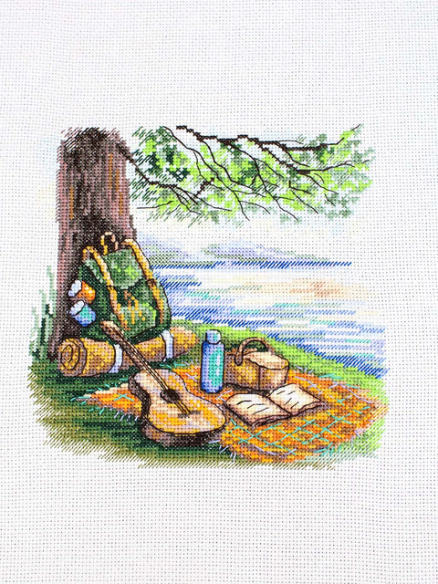 Cross Stitch Kit Tourist Stop Landscape, 16×16 cm, 26-Color Gamma Threads, 16 Count Cotton Canvas, MP Studia