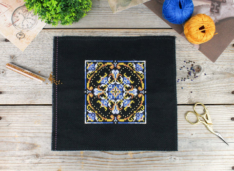 Cross Stitch Kit with Persian Geometric and Floral Motifs, 11×11 cm, MP Studia, Beginner Embroidery Kit, Colorful Cotton Threads