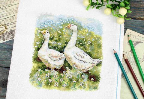 Cross Stitch Kit with Goose Design, MP Studia, 22×20 cm, Aida Fabric, Cotton Threads, Needle and Color Pattern