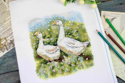 Cross Stitch Kit with Goose Design, MP Studia, 22×20 cm, Aida Fabric, Cotton Threads, Needle and Color Pattern