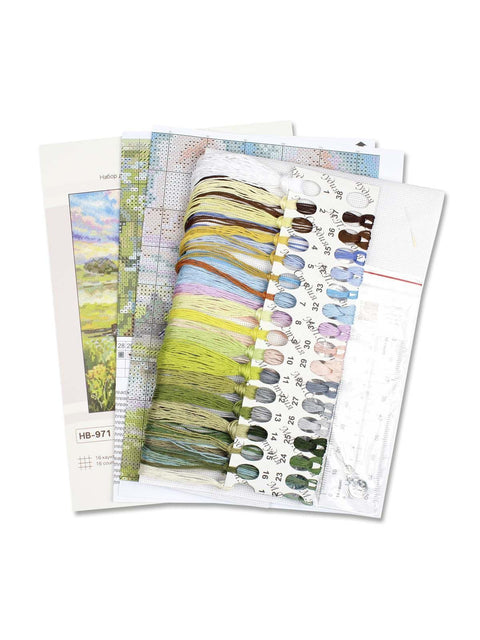 Cross Stitch Embroidery Kit Summer Pastoral Landscape, MP Studia, 22 x 20 cm, 37-Color Gamma Floss, Cotton Canvas