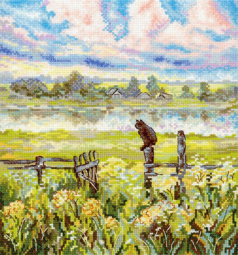 Cross Stitch Embroidery Kit Summer Pastoral Landscape, MP Studia, 22 x 20 cm, 37-Color Gamma Floss, Cotton Canvas