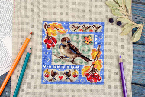 Cross Stitch Kit Autumn Composition Mini Sampler, MP Studia, 13 × 13 cm, Beginner-Friendly Embroidery Project, Home Decor Craft