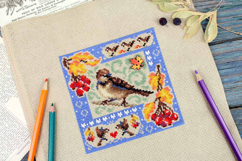 Cross Stitch Kit Autumn Composition Mini Sampler, MP Studia, 13 × 13 cm, Beginner-Friendly Embroidery Project, Home Decor Craft