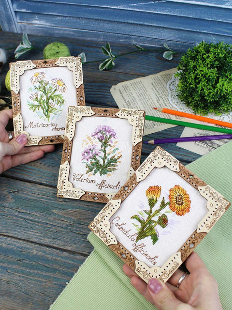 Daisy Cross Stitch Kit on Wooden Base, MP Studia, 13 x 11 cm, Floral Embroidery Set with Wooden Frame