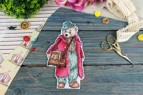 Cross Stitch Embroidery Kit with Teddy Bear and Barrel Organ Motif, MP Studia, 16 × 9 cm, Beginner-Friendly DIY Craft Set
