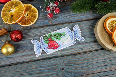 Christmas Candy Cross Stitch Kit, Counted Stitch Winter Holiday Design, Aida Fabric, Cotton Threads, MP Studia