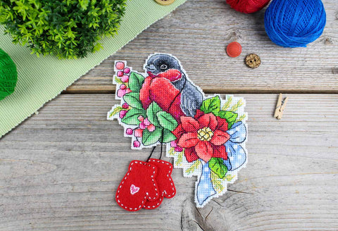 Cross Stitch Kit with Red-Breasted Bullfinch Design, MP Studia, 14 × 13 cm Winter Bird Embroidery Project