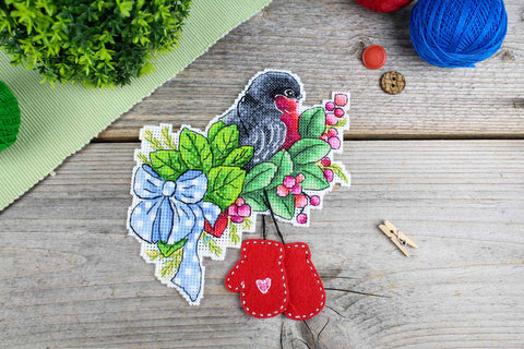 Cross Stitch Kit with Red-Breasted Bullfinch Design, MP Studia, 14 × 13 cm Winter Bird Embroidery Project