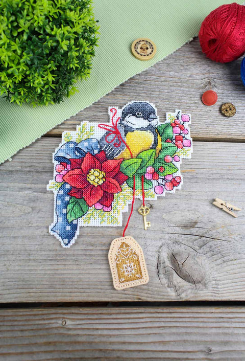 Cross Stitch Embroidery Kit with Festive Tit Motif, MP Studia, 14 × 13 cm, Winter Home Decor Craft, Beginner-Friendly DIY Project