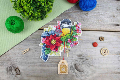 Cross Stitch Embroidery Kit with Festive Tit Motif, MP Studia, 14 × 13 cm, Winter Home Decor Craft, Beginner-Friendly DIY Project