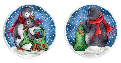 Cross Stitch Embroidery Kit Romantic Penguins, MP Studia, 9 x 9 cm, Compact Craft Project and Home Decor