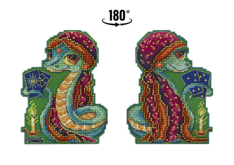 Snake Cross Stitch Kit with Pattern and Threads, MP Studia, Aida Fabric, Cotton Floss, Needle, Green and Gold Design