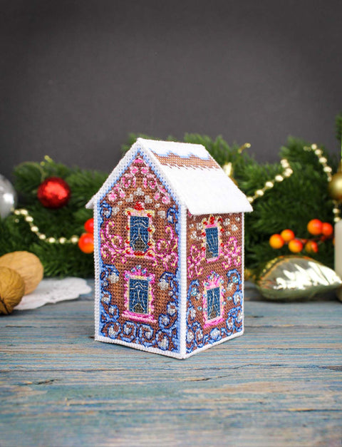 3D House Cross Stitch Kit with Decorative Patterns, MP Studia, 11×6×6 cm, Plastic Canvas, Multicolor Threads, Christmas Ornament