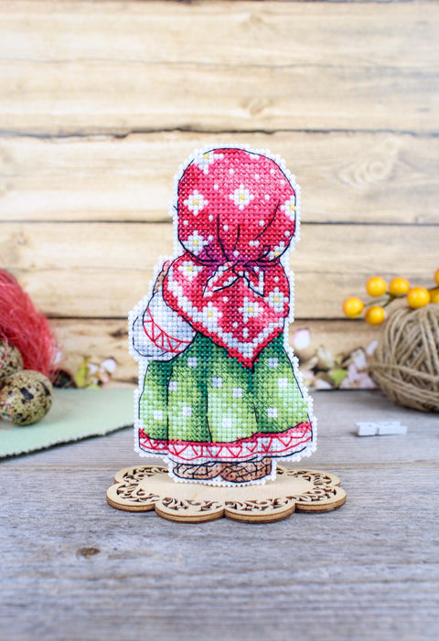 Cross Stitch Embroidery Kit Girl with Hen, MP Studia, 12 × 7 cm, Beginner-Friendly Needlework Set with Pattern and Instructions