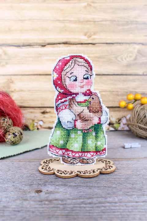 Cross Stitch Embroidery Kit Girl with Hen, MP Studia, 12 × 7 cm, Beginner-Friendly Needlework Set with Pattern and Instructions