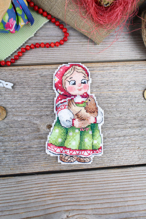 Cross Stitch Embroidery Kit Girl with Hen, MP Studia, 12 × 7 cm, Beginner-Friendly Needlework Set with Pattern and Instructions