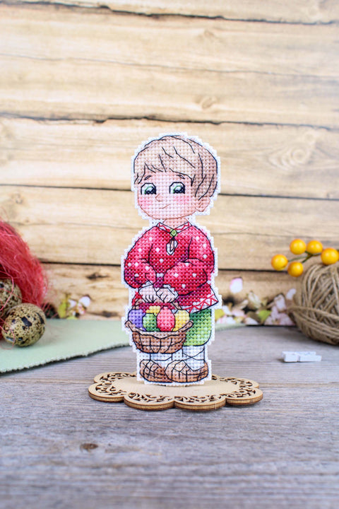 Cross Stitch Kit Boy with Easter Basket, MP Studia, Multicolor Spring Design, 13 x 5 cm, Beginner-Friendly Embroidery Set