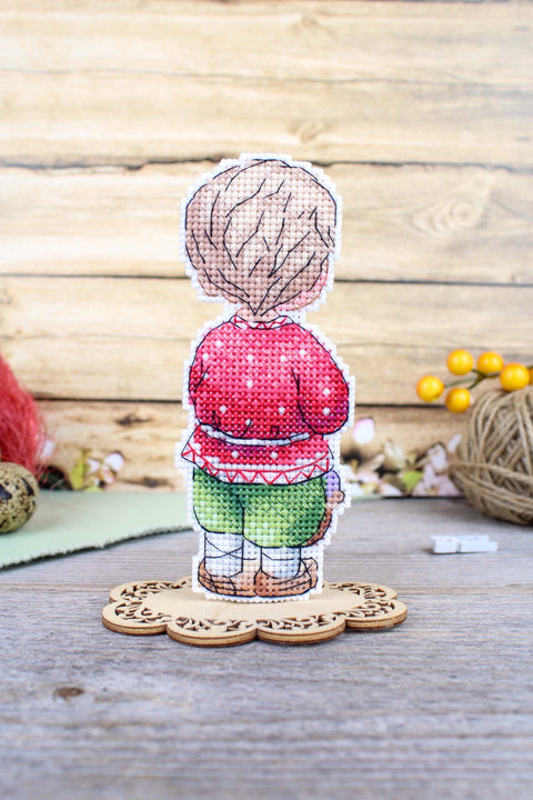Cross Stitch Kit Boy with Easter Basket, MP Studia, Multicolor Spring Design, 13 x 5 cm, Beginner-Friendly Embroidery Set