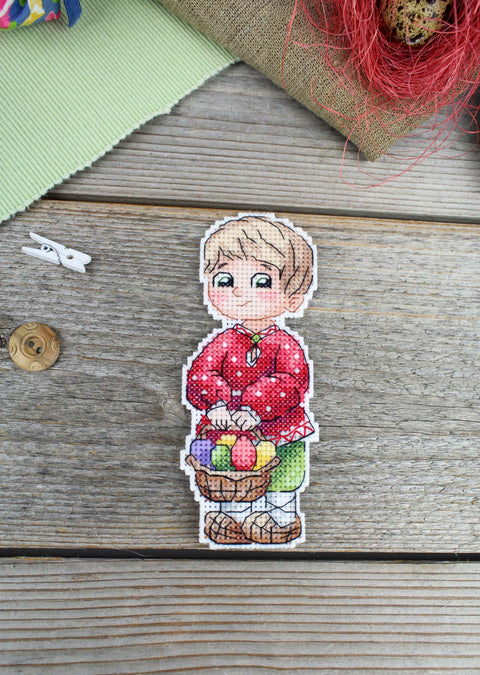 Cross Stitch Kit Boy with Easter Basket, MP Studia, Multicolor Spring Design, 13 x 5 cm, Beginner-Friendly Embroidery Set