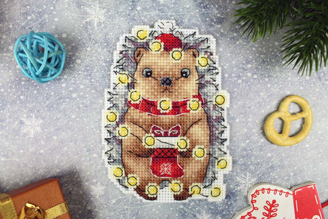 Cross Stitch Kit, New Year's Hedgehog Design, 12×8 cm, MP Studia, Winter Embroidery Project for Beginners and Advanced Crafters