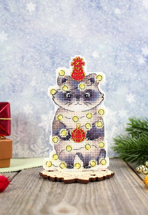 Cross Stitch Kit with New Year Raccoon Design, MP Studia, 12×7 cm Winter Needlepoint Craft Project