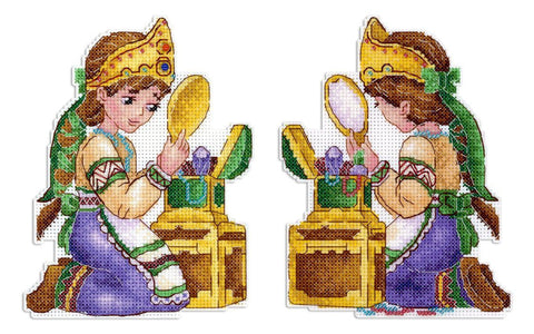 Cross Stitch Kit Girl at the Mirror, Fairy Tale Design, MP Studia, 16x12 cm, 14 Count Plastic Canvas, Beads & Metallic Threads