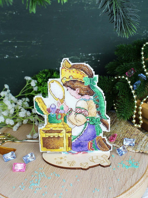 Cross Stitch Kit Girl at the Mirror, Fairy Tale Design, MP Studia, 16x12 cm, 14 Count Plastic Canvas, Beads & Metallic Threads