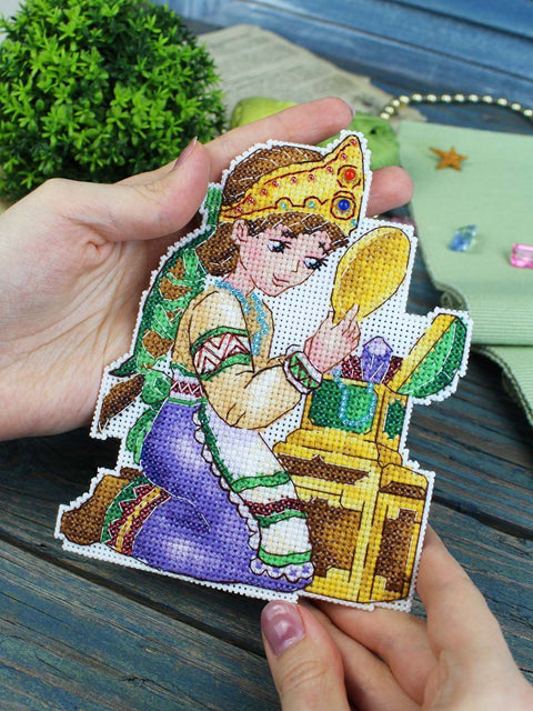 Cross Stitch Kit Girl at the Mirror, Fairy Tale Design, MP Studia, 16x12 cm, 14 Count Plastic Canvas, Beads & Metallic Threads