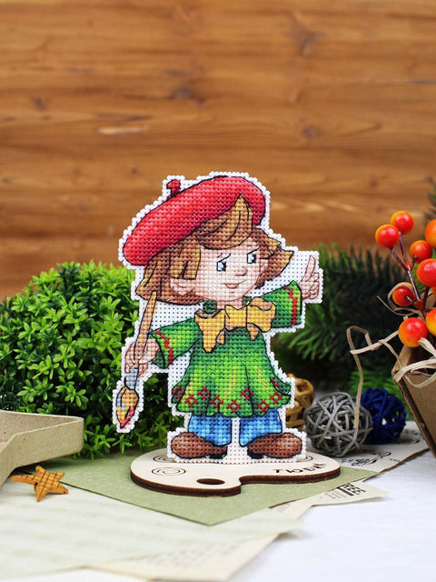 Cross Stitch Kit with Wooden Stand, Artist Design, 12 x 9 cm, 14 Count Plastic Canvas, 21 PNK Kirov Thread Colors, MP Studia