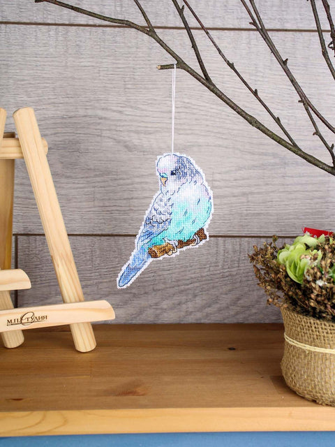 Budgerigar Cross Stitch Kit on Plastic Canvas, 11 x 9 cm, 14 Count White Canvas, 16 Colors, MP Studia