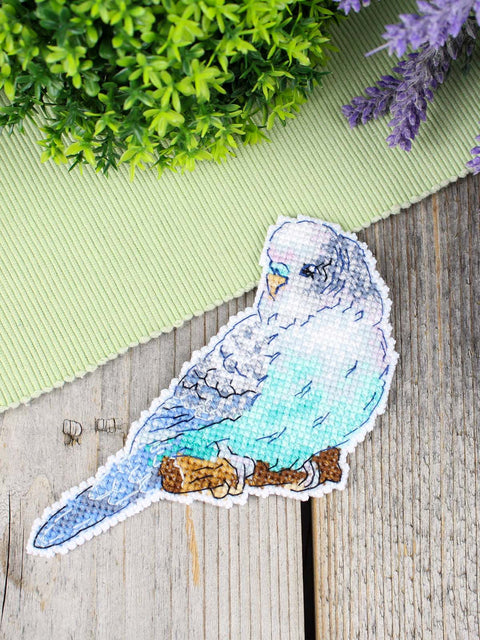Budgerigar Cross Stitch Kit on Plastic Canvas, 11 x 9 cm, 14 Count White Canvas, 16 Colors, MP Studia