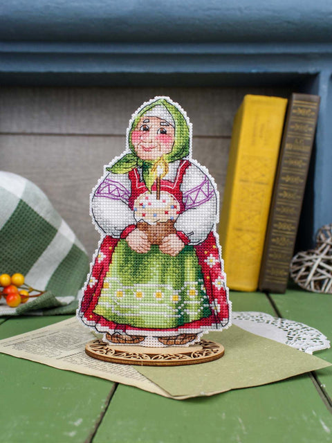 Easter Cross Stitch Kit, Grandma with Easter Cake, 16 x 10 cm, MP Studia, 23-Color Plastic Canvas, Makosh Pattern