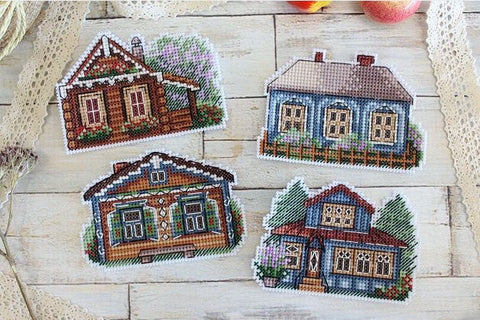 Cross Stitch Kit for Decorative Magnets, Mini House Designs, MP Studia, Cotton Threads, Beginner-Friendly Craft Set