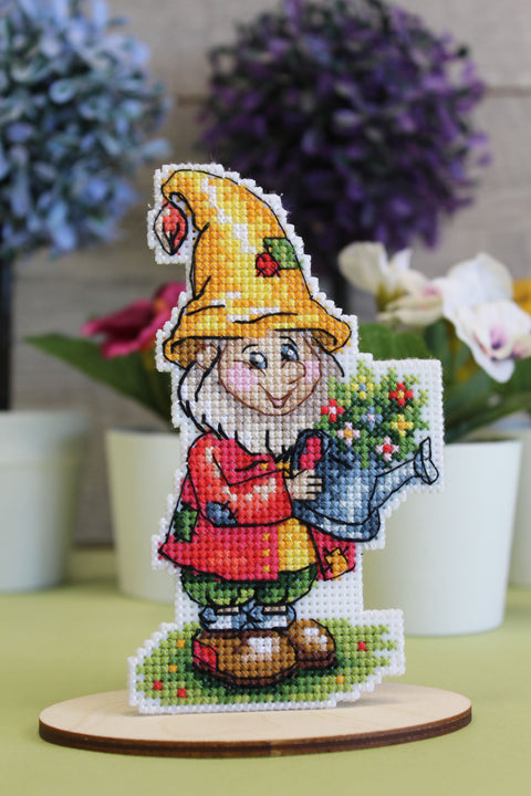 Garden Gnome Cross Stitch Kit, Colorful Design with Aida Fabric, Cotton Threads, Needle and Instructions, MP Studia