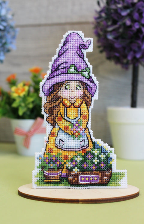 Cross Stitch Kit with Playful Gnome Design, Aida Fabric, Cotton Threads, Needle, Color Chart and Instructions by MP Studia