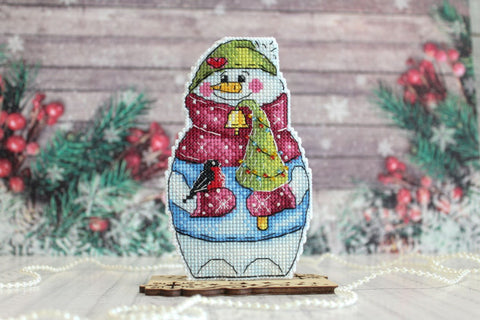 Christmas Cross Stitch Kit with Snowman and Tree, Winter Holiday Design, Small Format, MP Studia DIY Embroidery Set
